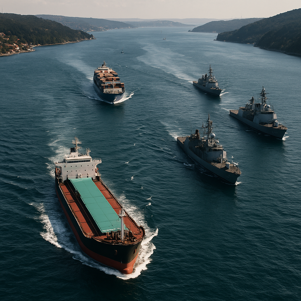 A high-resolution verification of the Strait of Hormuz featuring a mix of oil tankers and warships