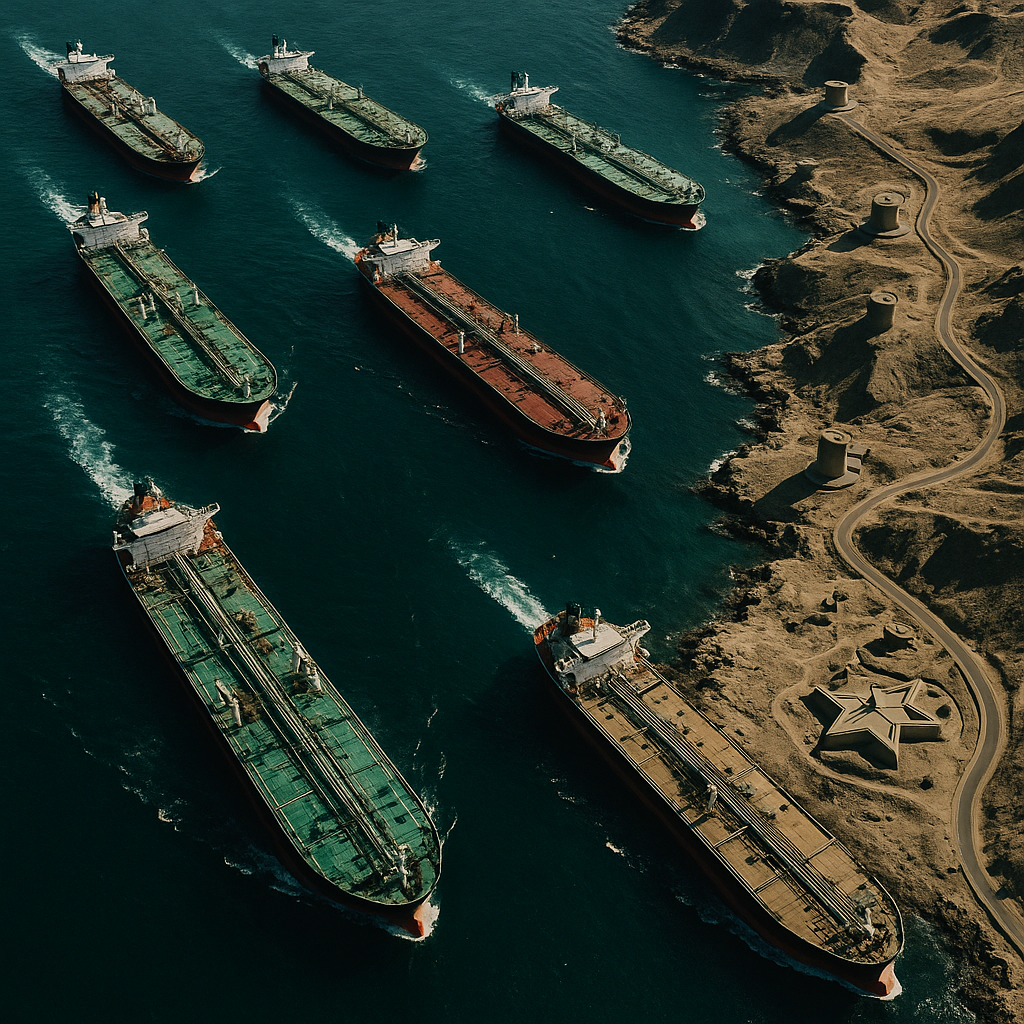 A fleet of oil tankers lined up in a narrow strait with coastal defense installations in the background