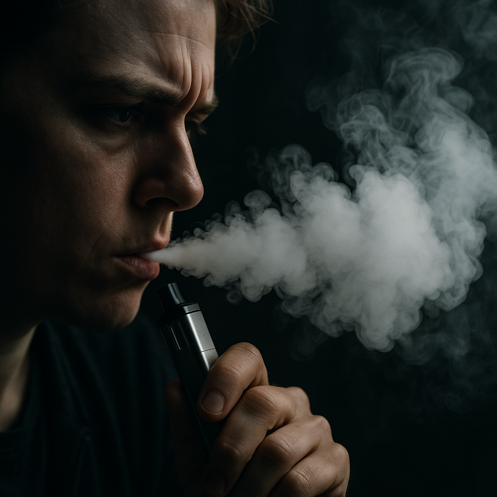 A person holding an e-cigarette exhaling vapor in a close-up shot