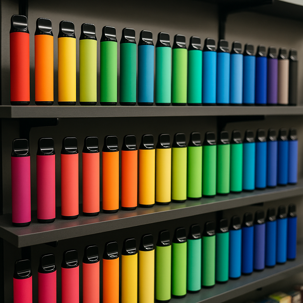 Rows of colorful vaping devices on display at a convenience store