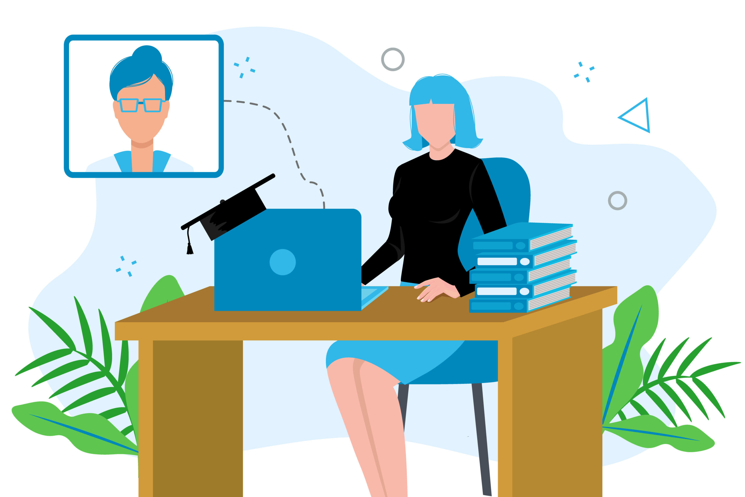 A student in front of a laptop, surrounded by books and educational material