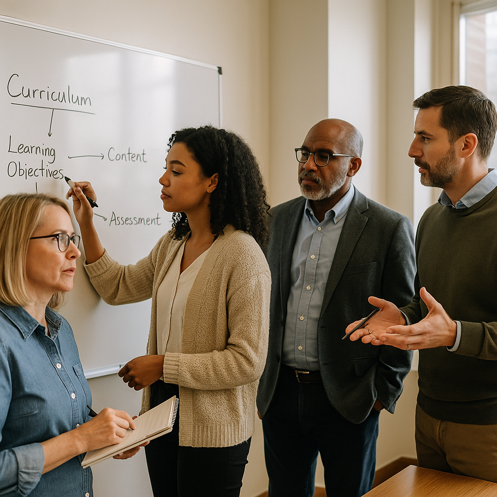 Educators discussing curriculum redesign on a whiteboard