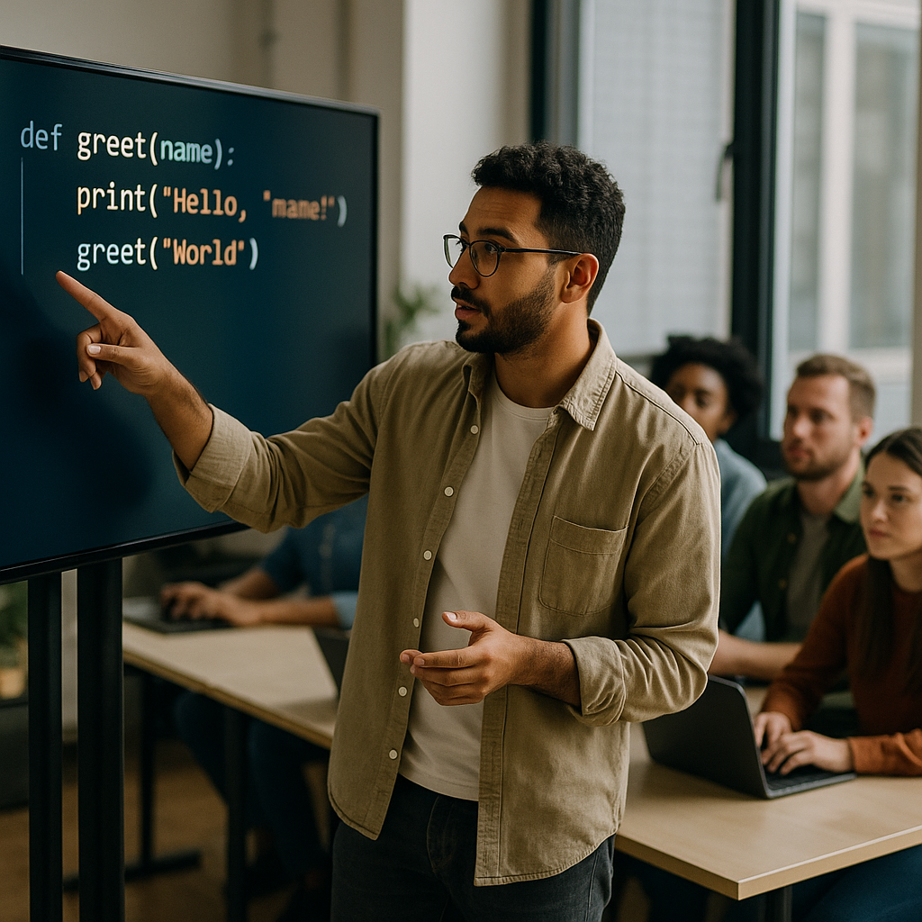 A coding bootcamp instructor teaching programming on a digital screen