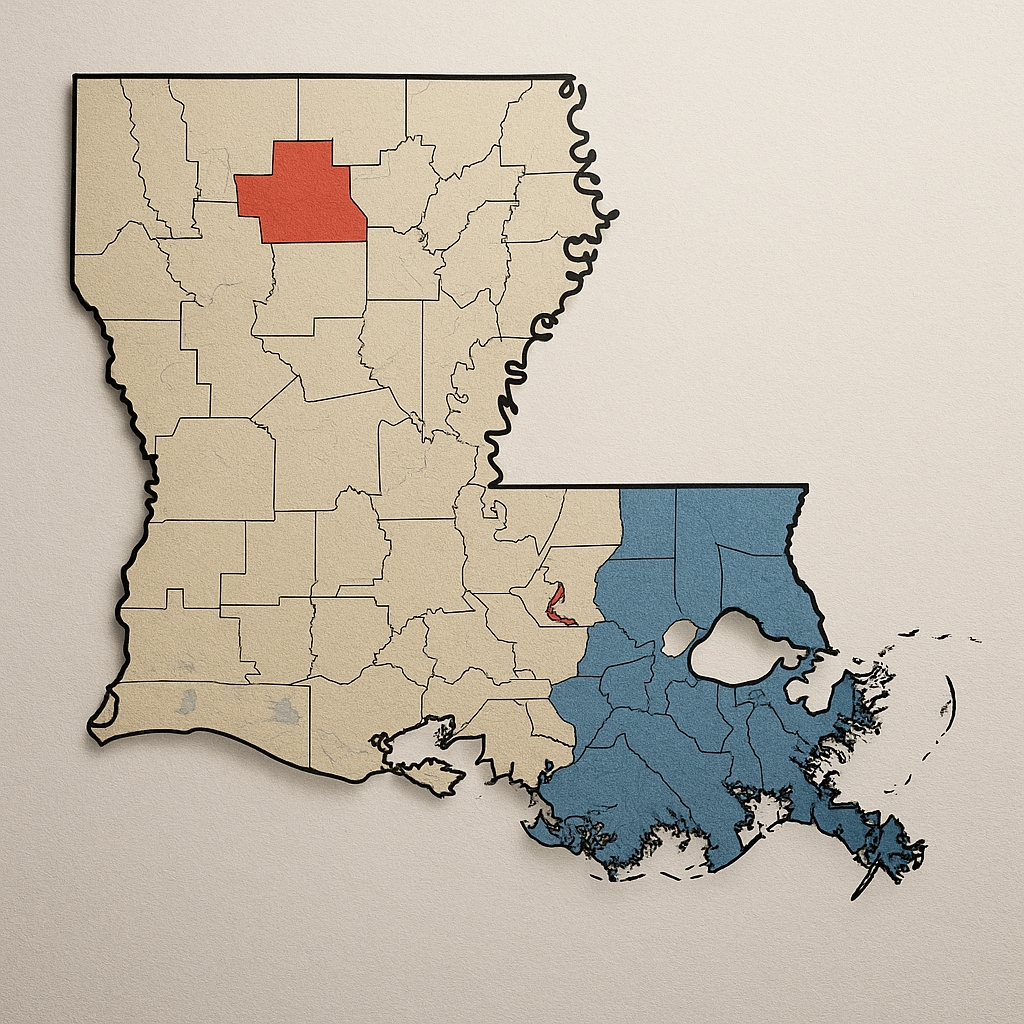 Map of Louisiana highlighting districts affected by court decisions