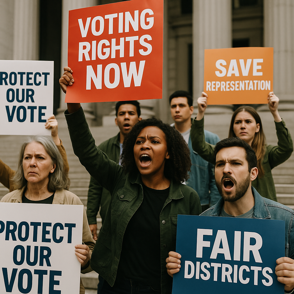 Protesters holding signs advocating for voting rights and fair maps outside a courthouse