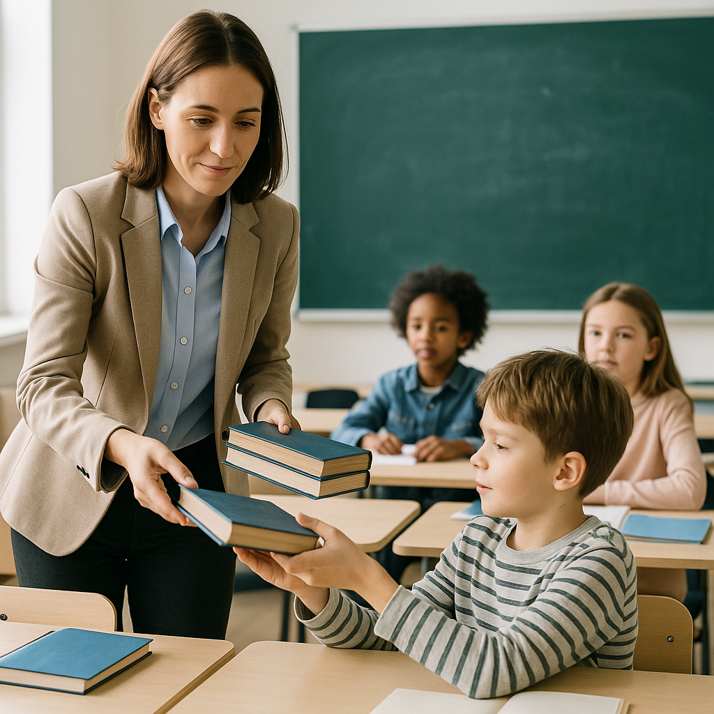 A teacher distributing physical textbooks to students in a classroom