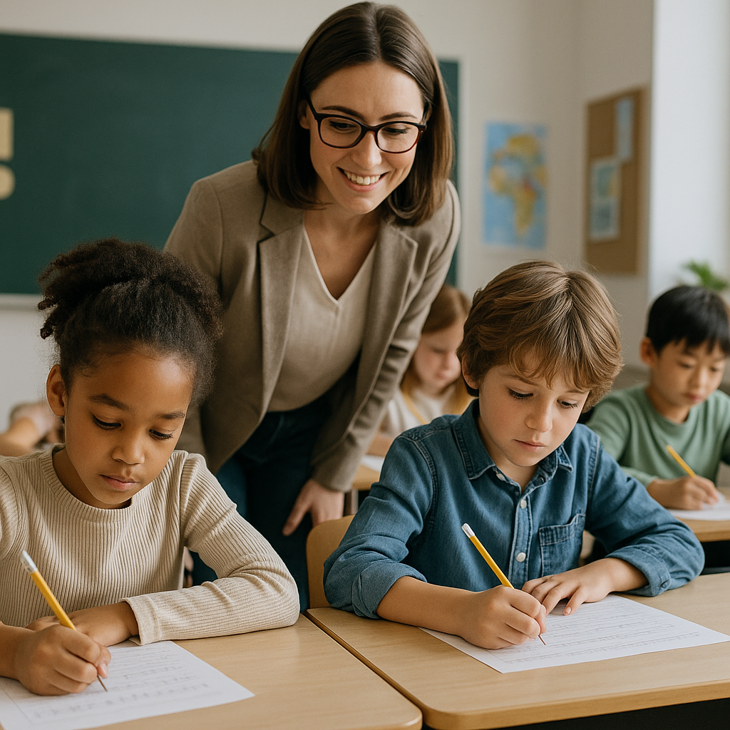 Students at their desks engaged in handwriting exercises under teacher supervision