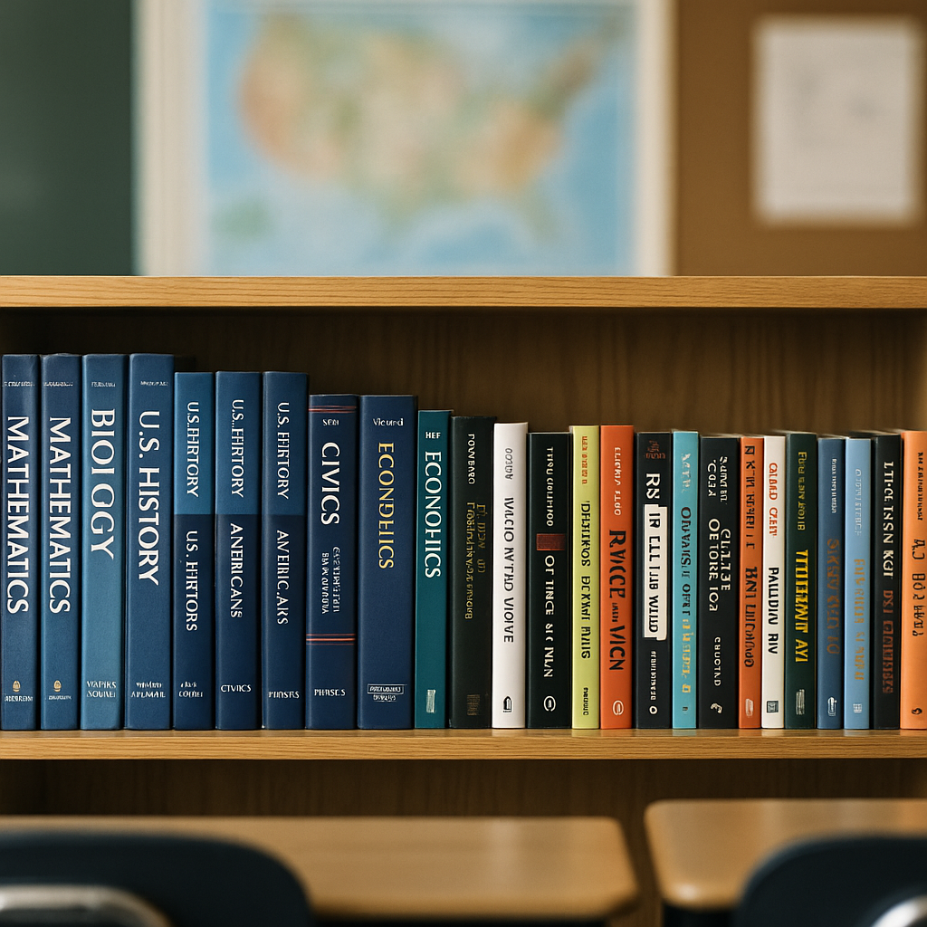 A classroom bookshelf stocked with a diverse assortment of textbooks and novels