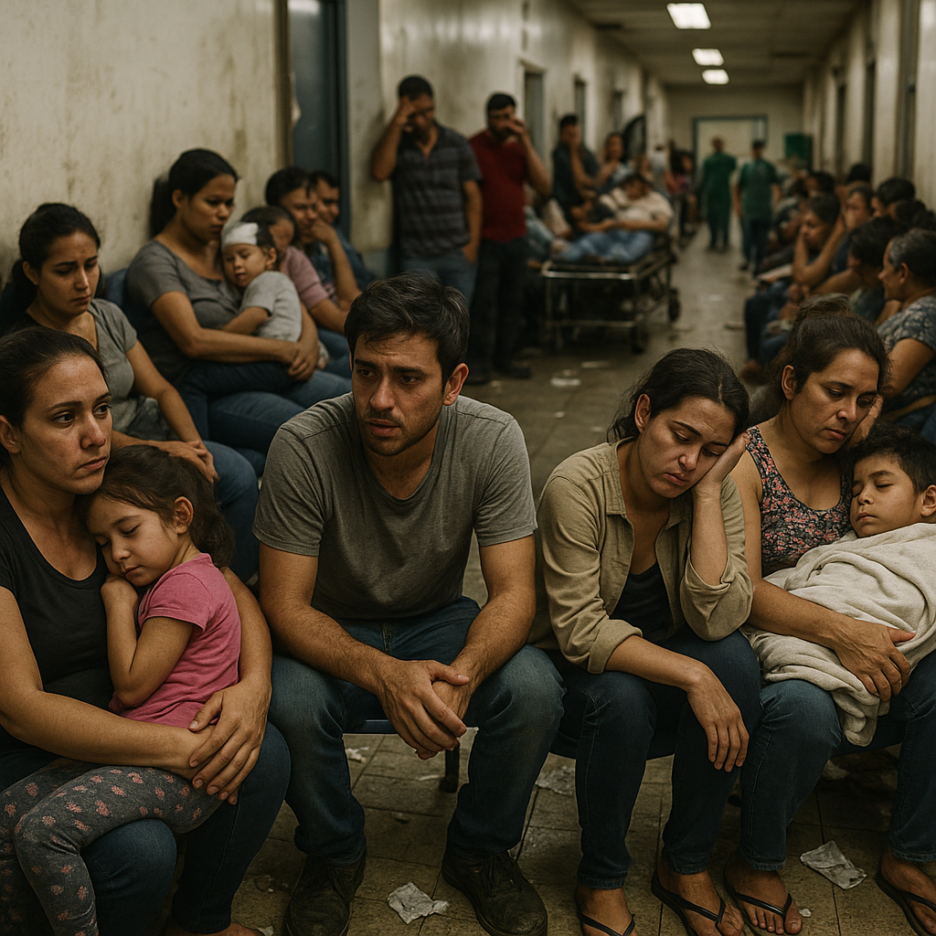 A crowded hospital waiting room with visibly distressed families