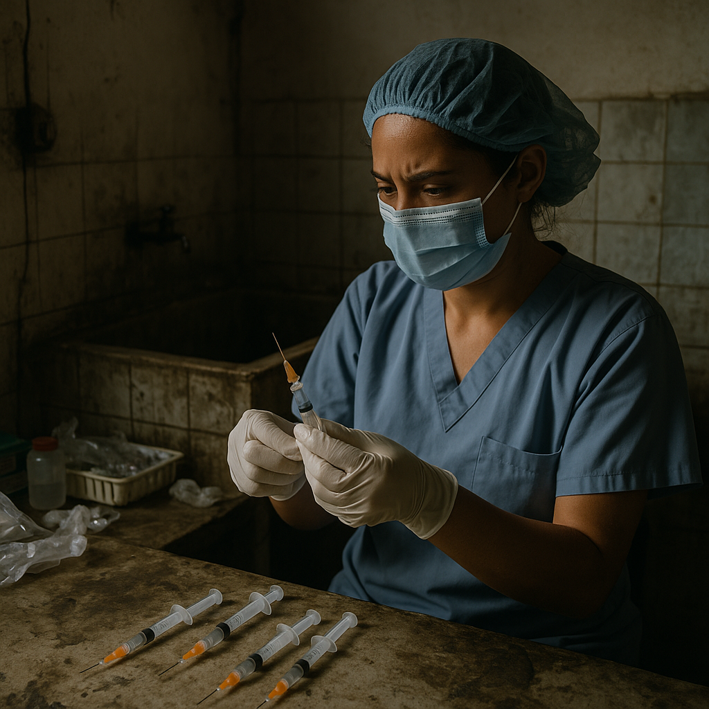 A healthcare worker preparing syringes in a poorly lit clinic, symbolizing unsafe practices