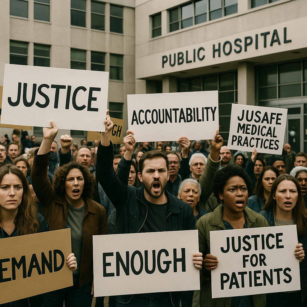 A protest outside a public hospital with signs demanding justice
