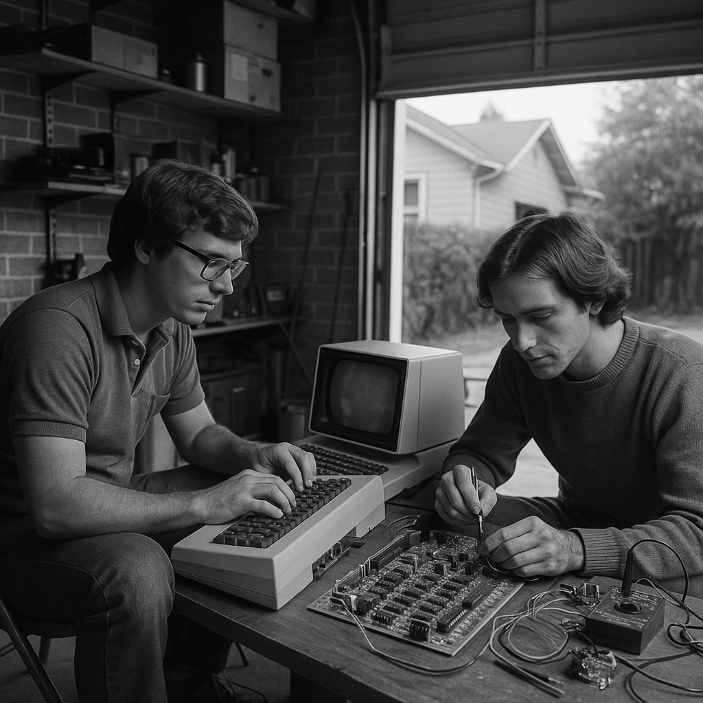 A nostalgic scene of original Silicon Valley garages with old computers and innovators at work