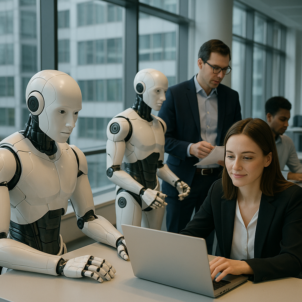 A conceptual image of humanoid robots working alongside humans in a futuristic office