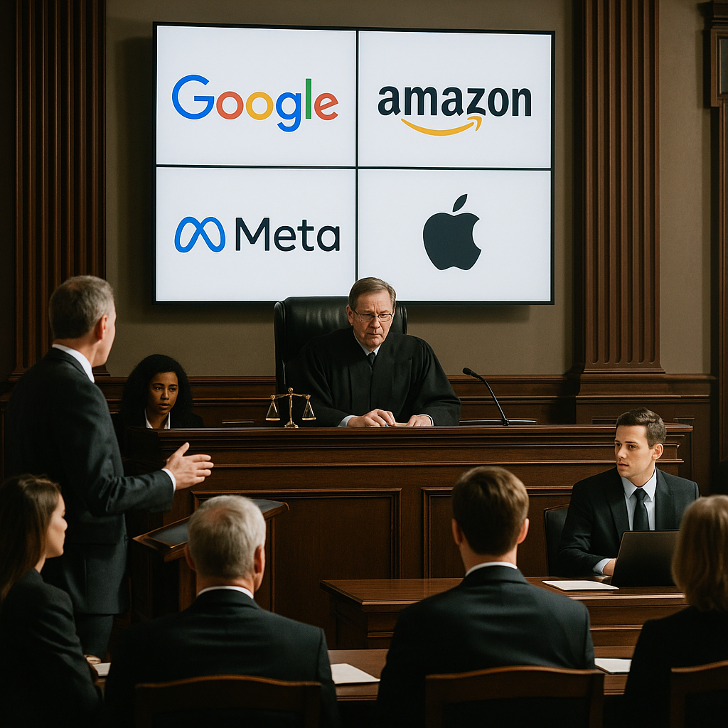 A courtroom scene with large tech company logos displayed on screens during a legal hearing