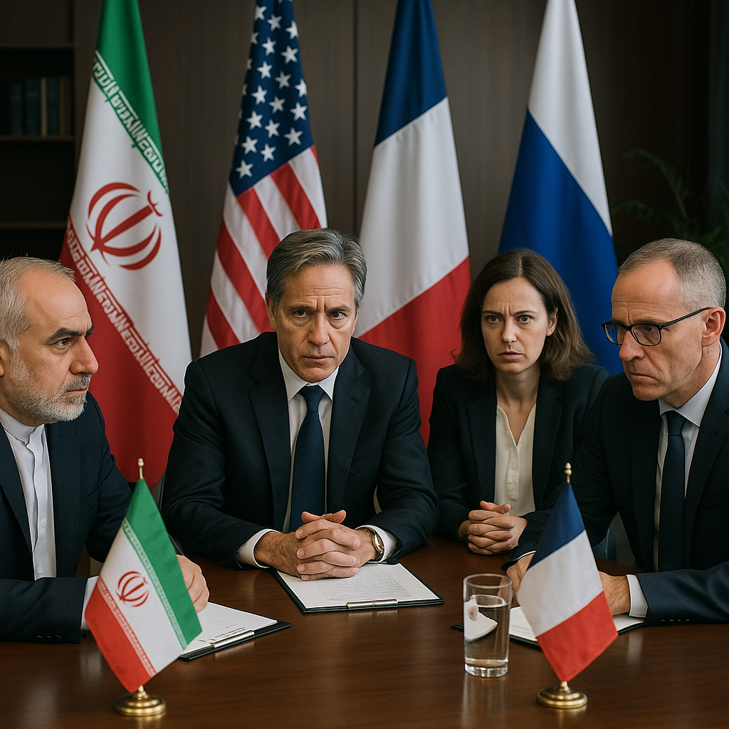 A high-stakes diplomatic meeting with flags of Iran, the United States, and other nations visible on a negotiation table
