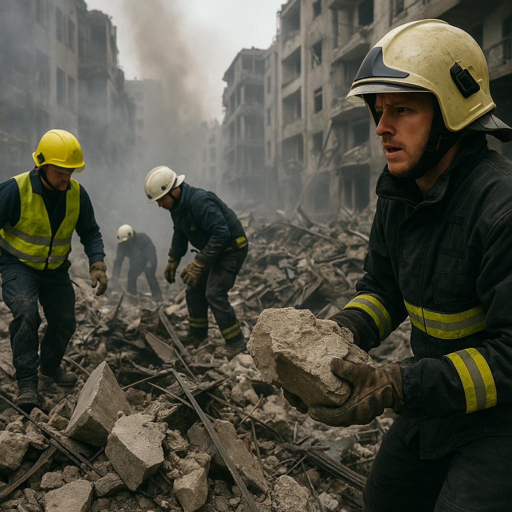 Smoke rising from an urban area following an airstrike, with emergency responders working in the foreground