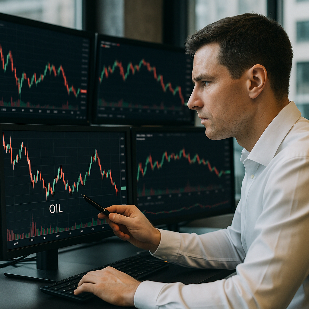 Stock market graphs on a computer screen reflecting fluctuating oil prices