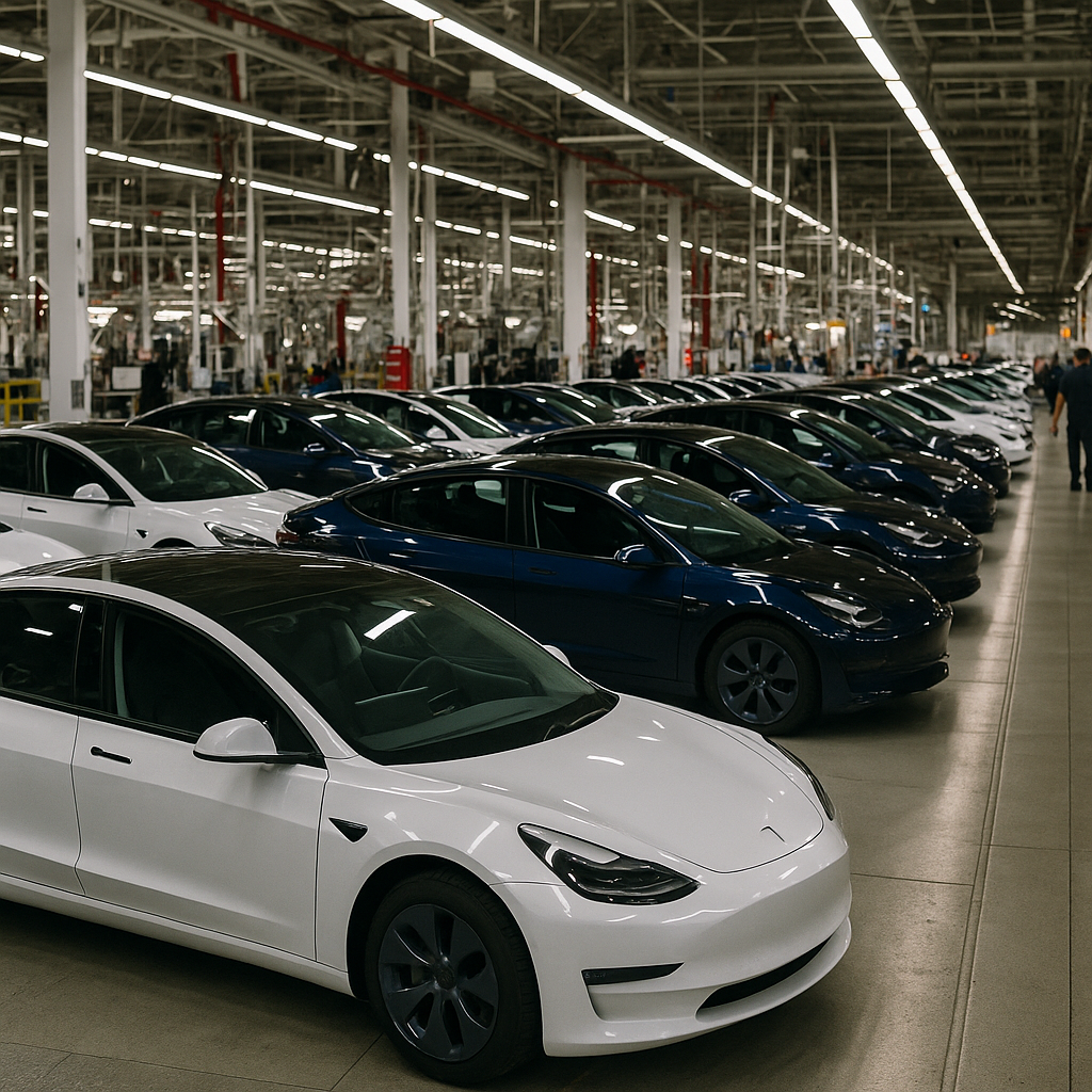 Tesla factory floor showing unsold cars in rows