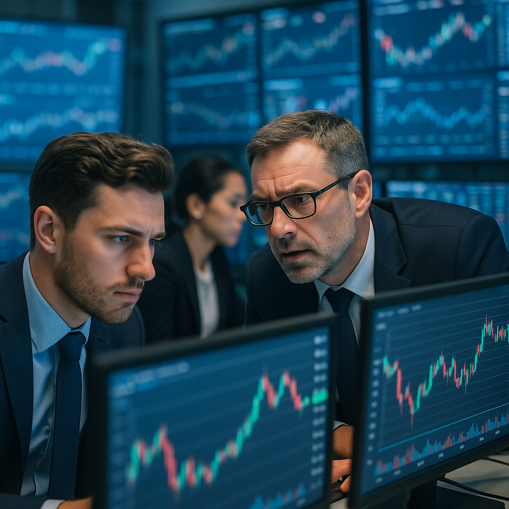 Traders analyzing stock charts on multiple monitors