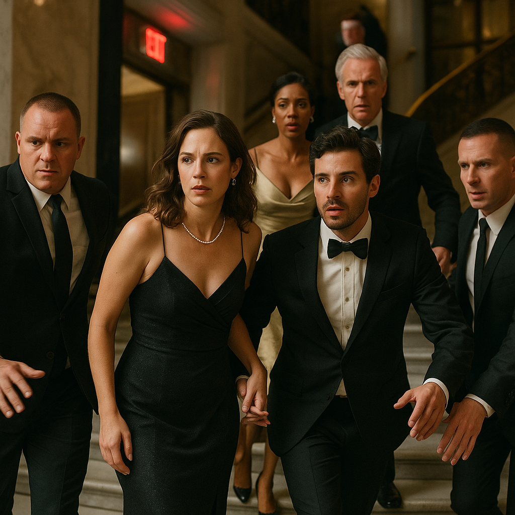 Attendees evacuating a high-profile gala event in formal attire