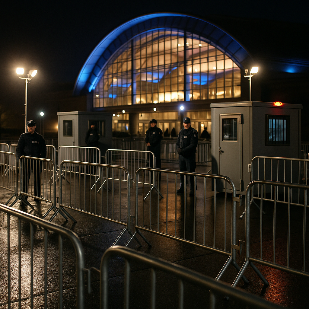 Security barriers outside a high-profile event venue at night