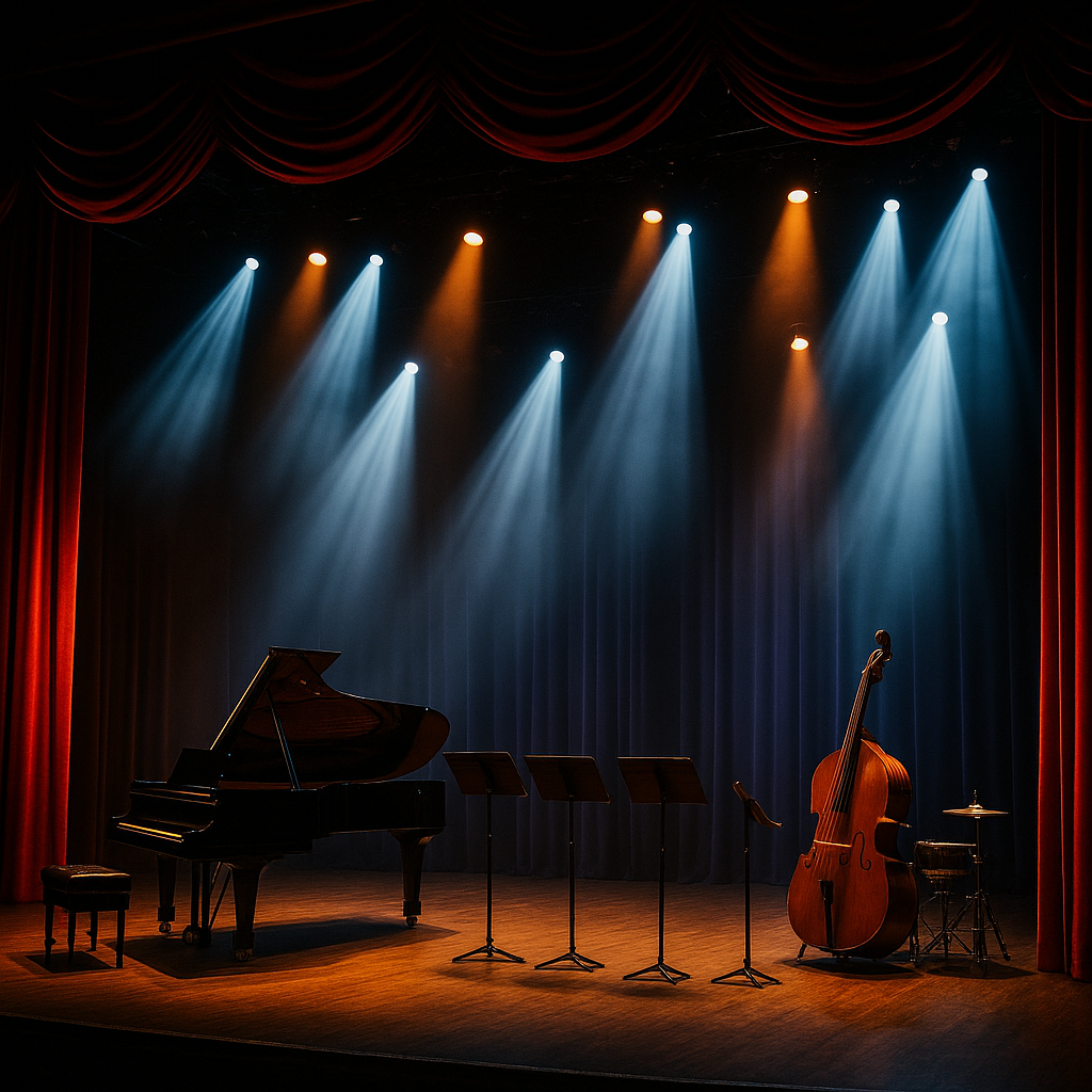 Close-up of a theater stage with dramatic lighting
