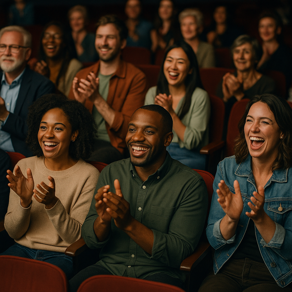 A theater audience clapping in dim lighting