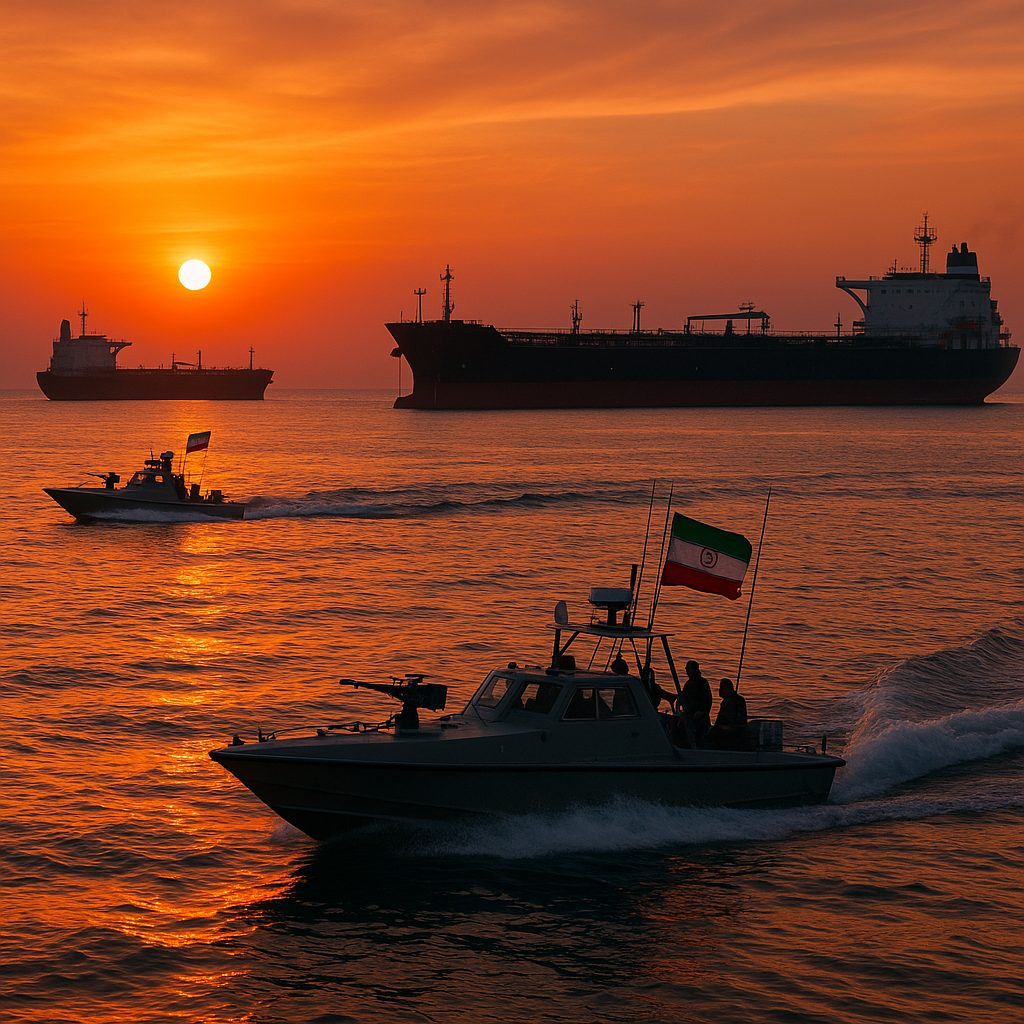 Iranian patrol boats moving near oil tankers in the Strait of Hormuz at sunset
