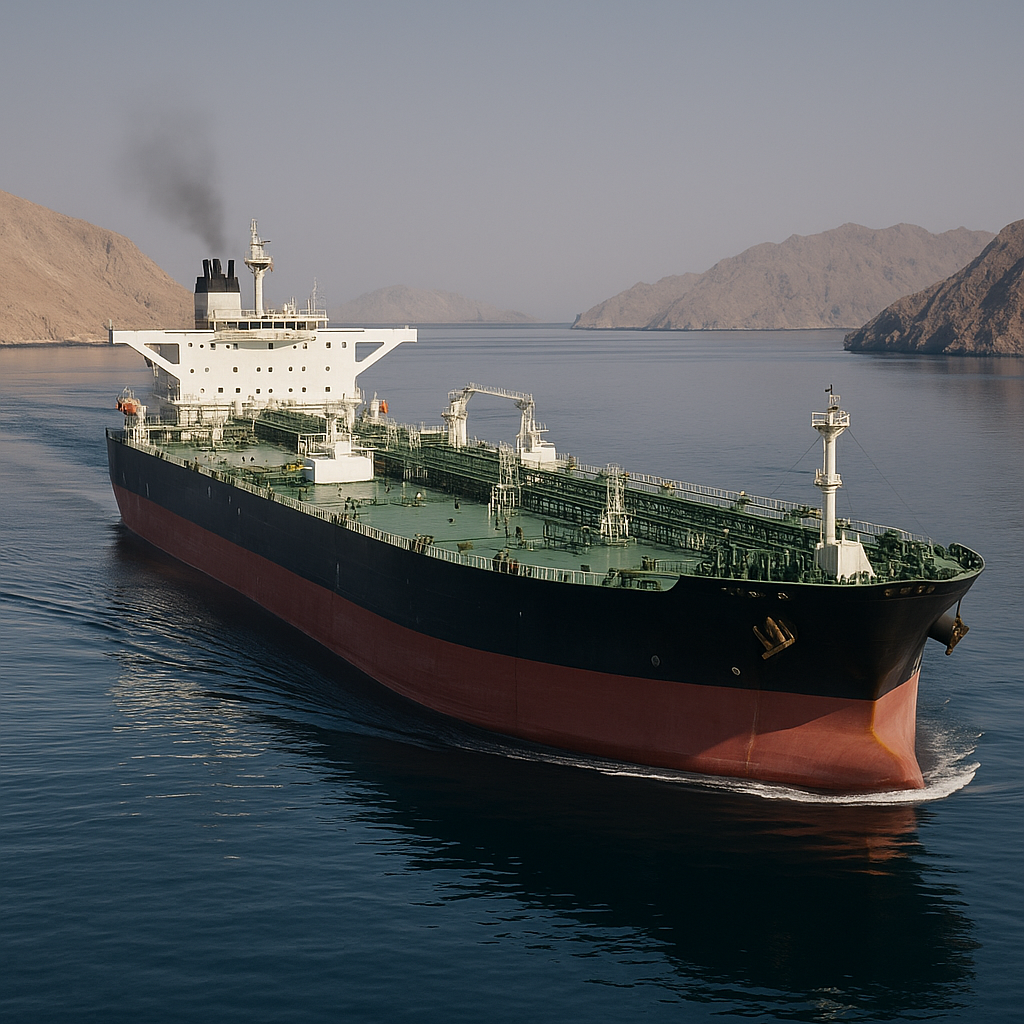 A crowded oil tanker passing through the narrow Strait of Hormuz surrounded by calm waters