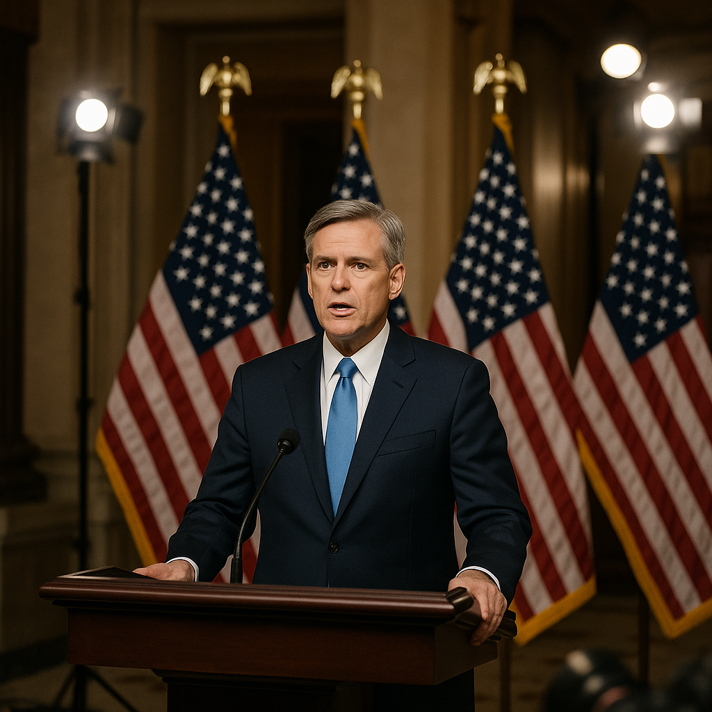 Donald Trump at a press conference, gesturing emphatically