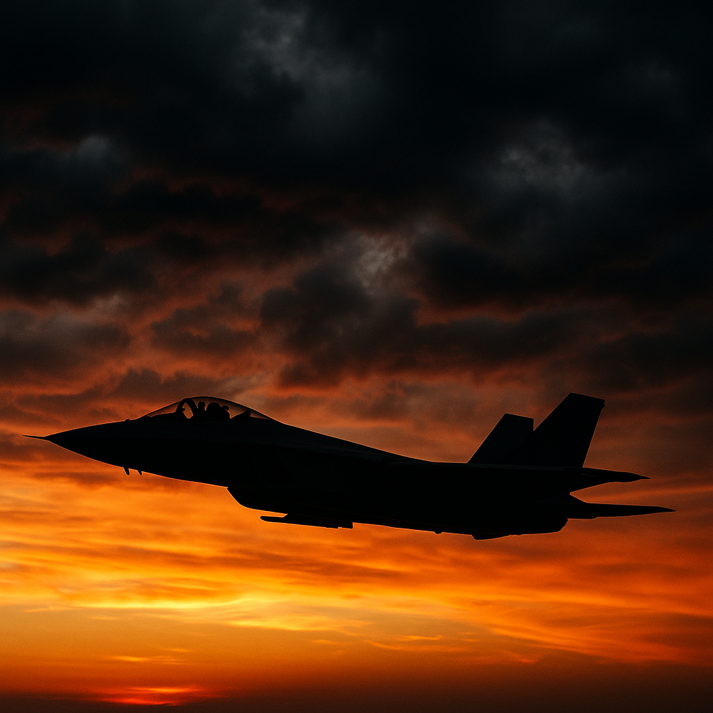 A military jet flying under a dramatic, stormy sky