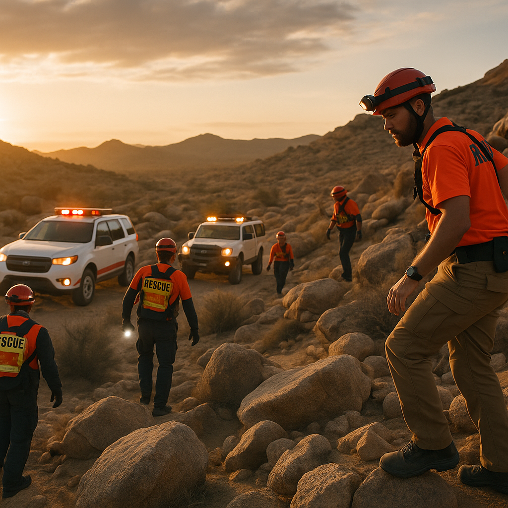 A rugged desert terrain with a search-and-rescue operation underway