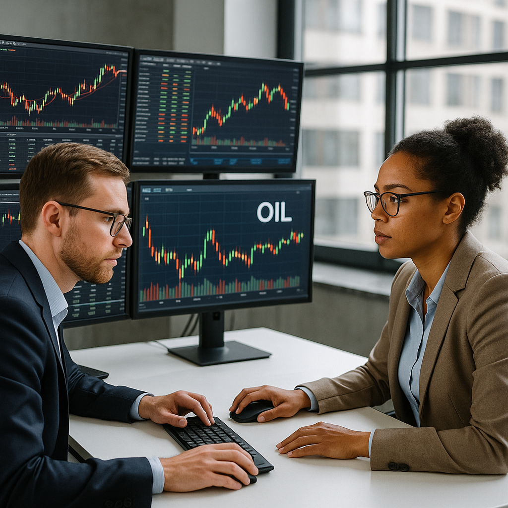 Energy analysts monitoring oil market trends on digital screens