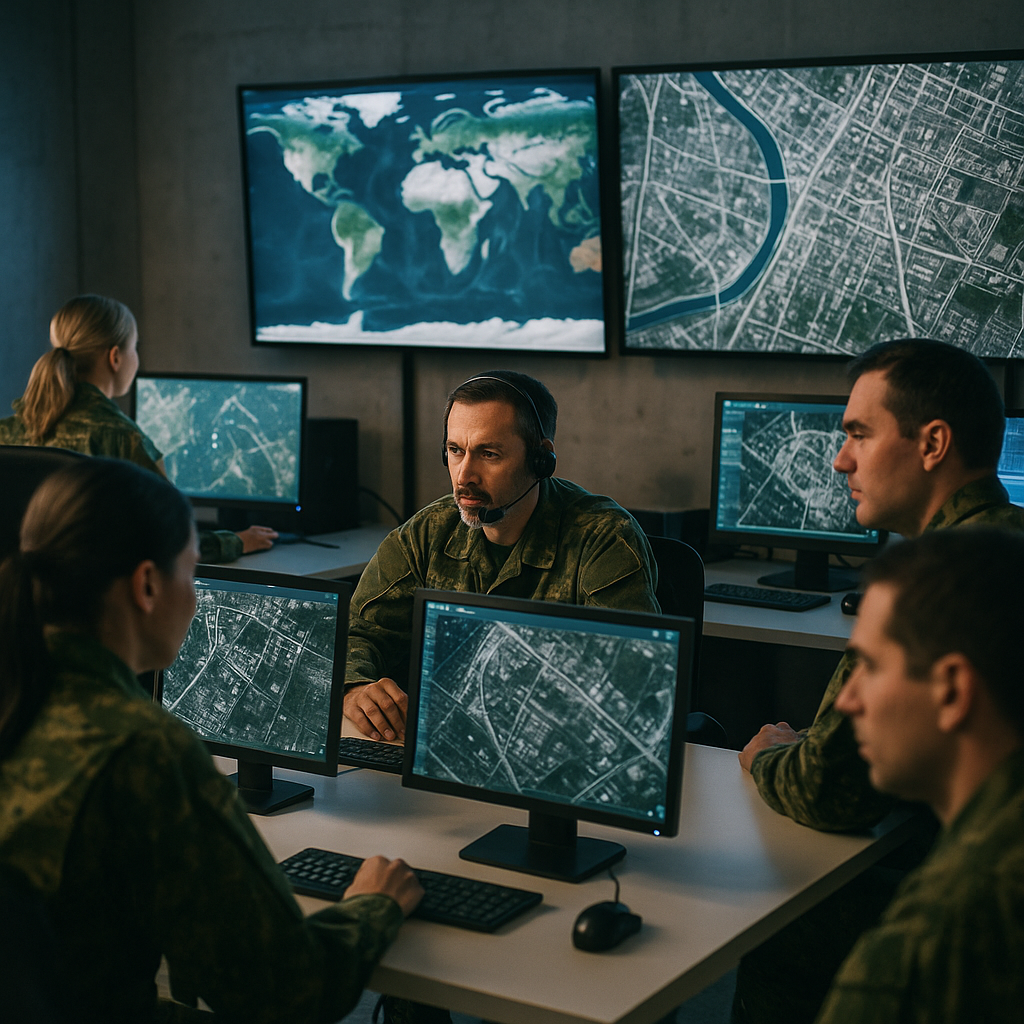 A military operations center with personnel analyzing satellite footage on large monitors