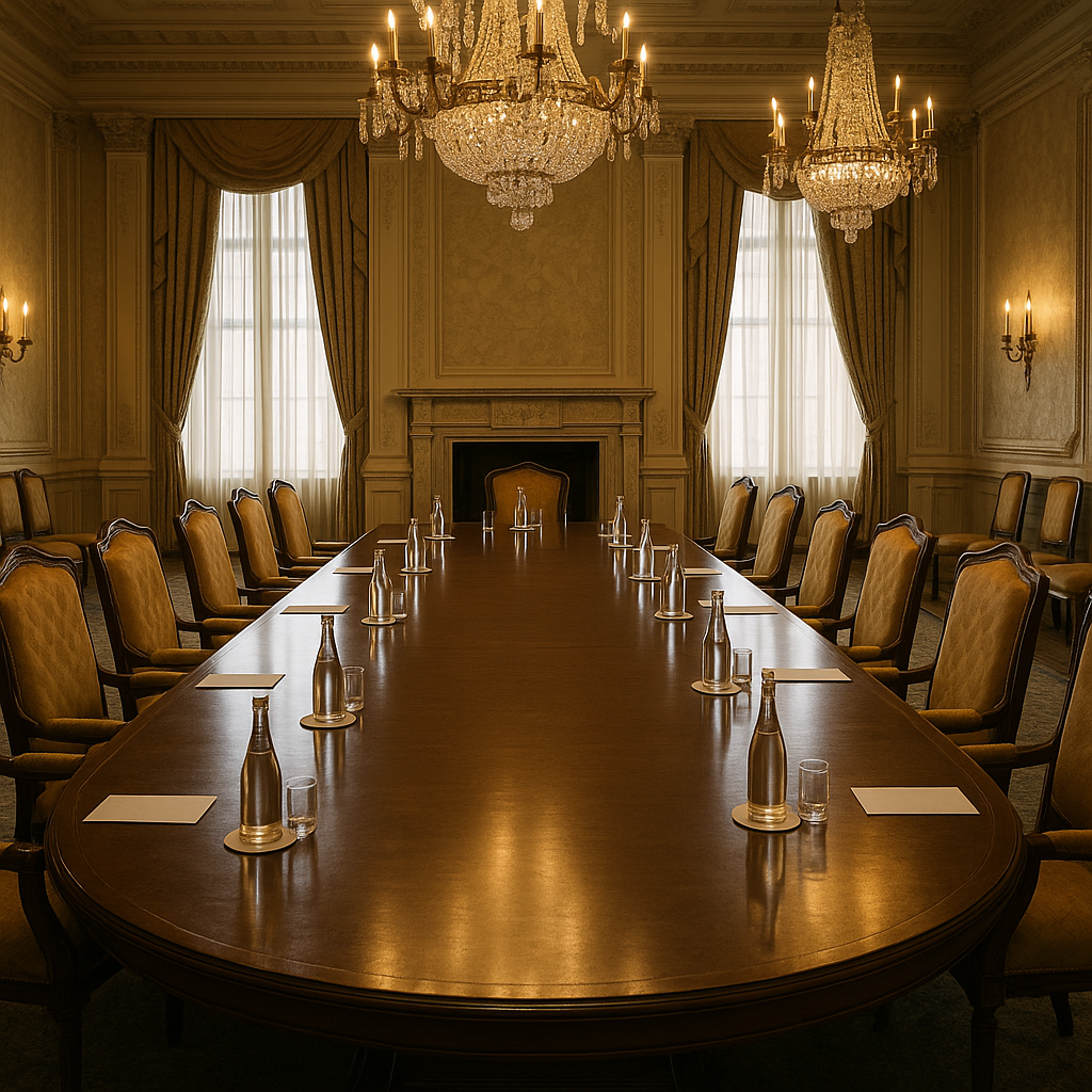 Diplomatic meeting table setup with empty seats in an ornate conference room