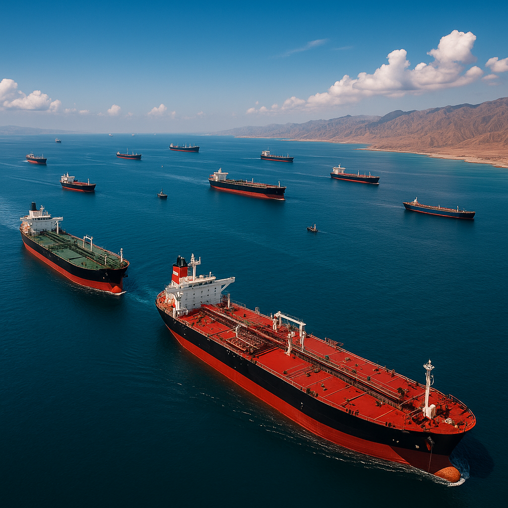 Aerial view of the Strait of Hormuz with container ships navigating the waters