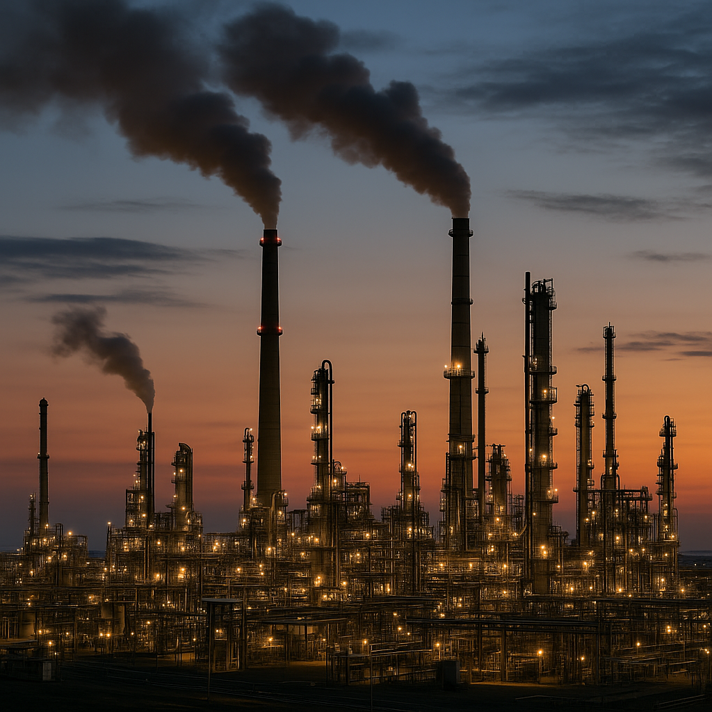 Iranian oil refinery infrastructure emitting smoke under twilight sky