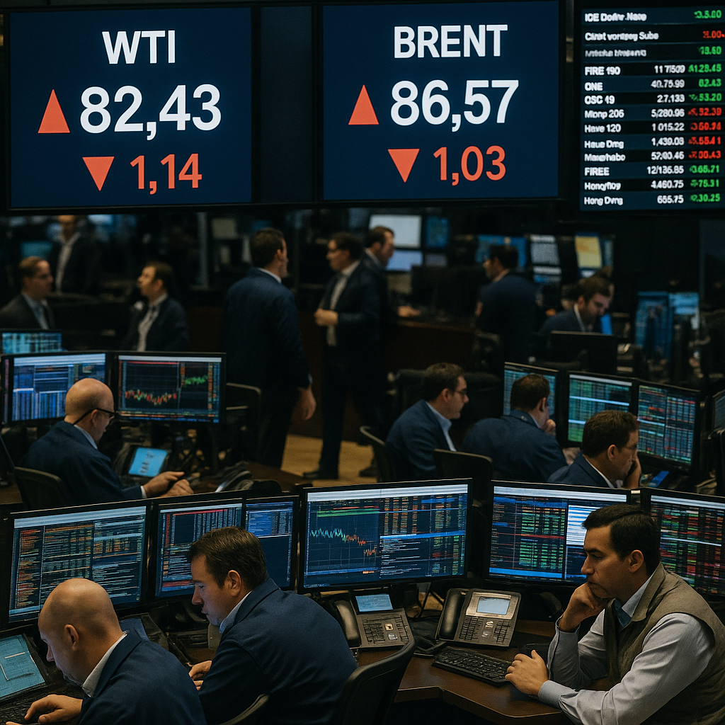 A busy trading floor showing oil prices on electronic boards