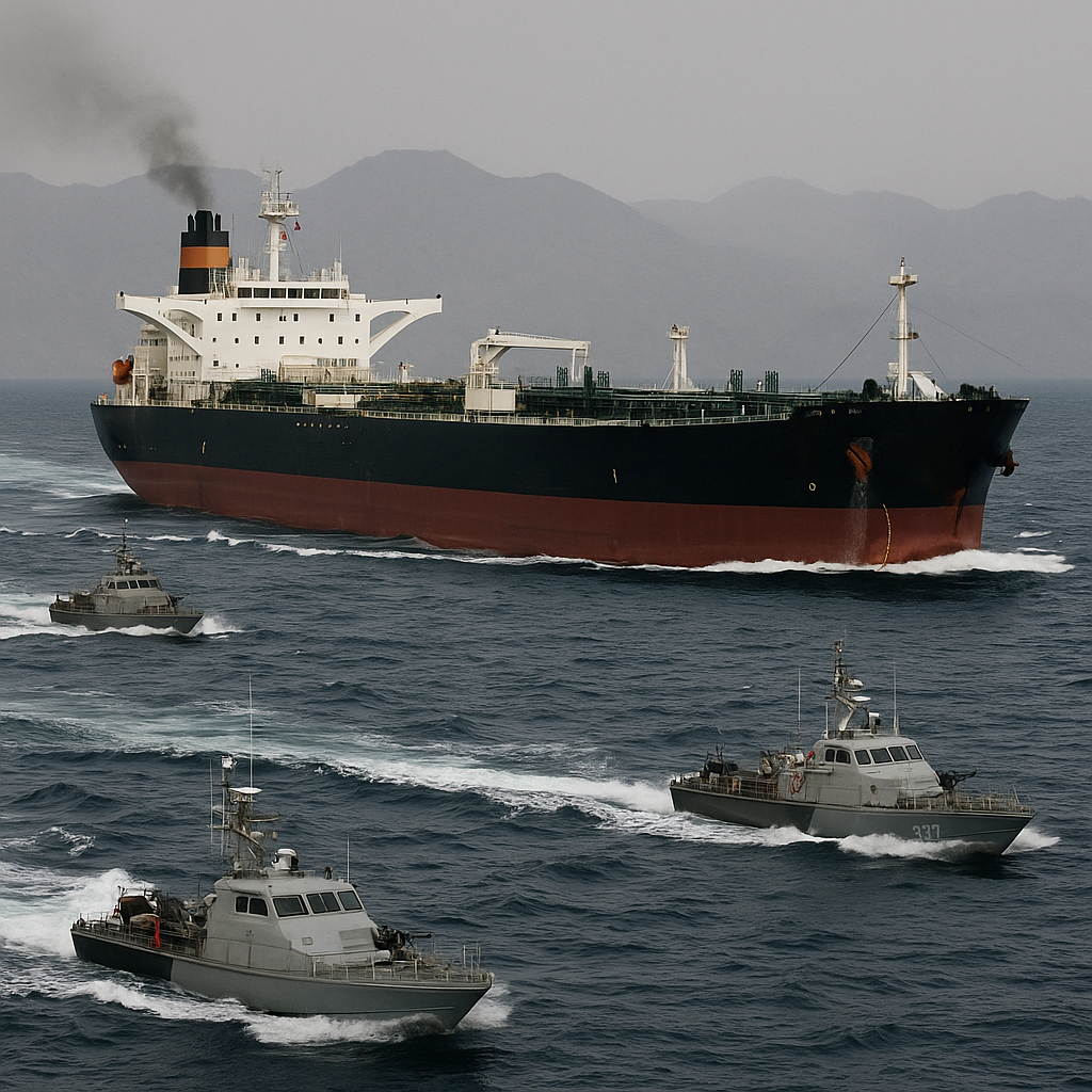 A tanker navigating the Strait of Hormuz, surrounded by patrol vessels