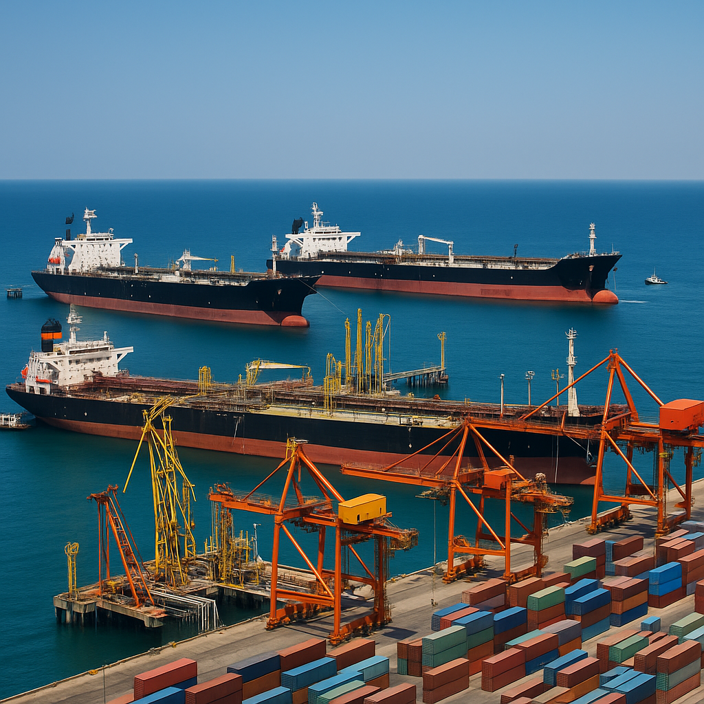Port scene with oil tankers in the Strait of Hormuz