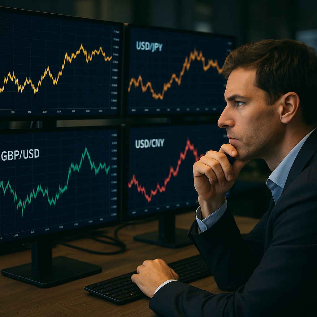 A trader analyzing currency exchange rates on multiple monitors