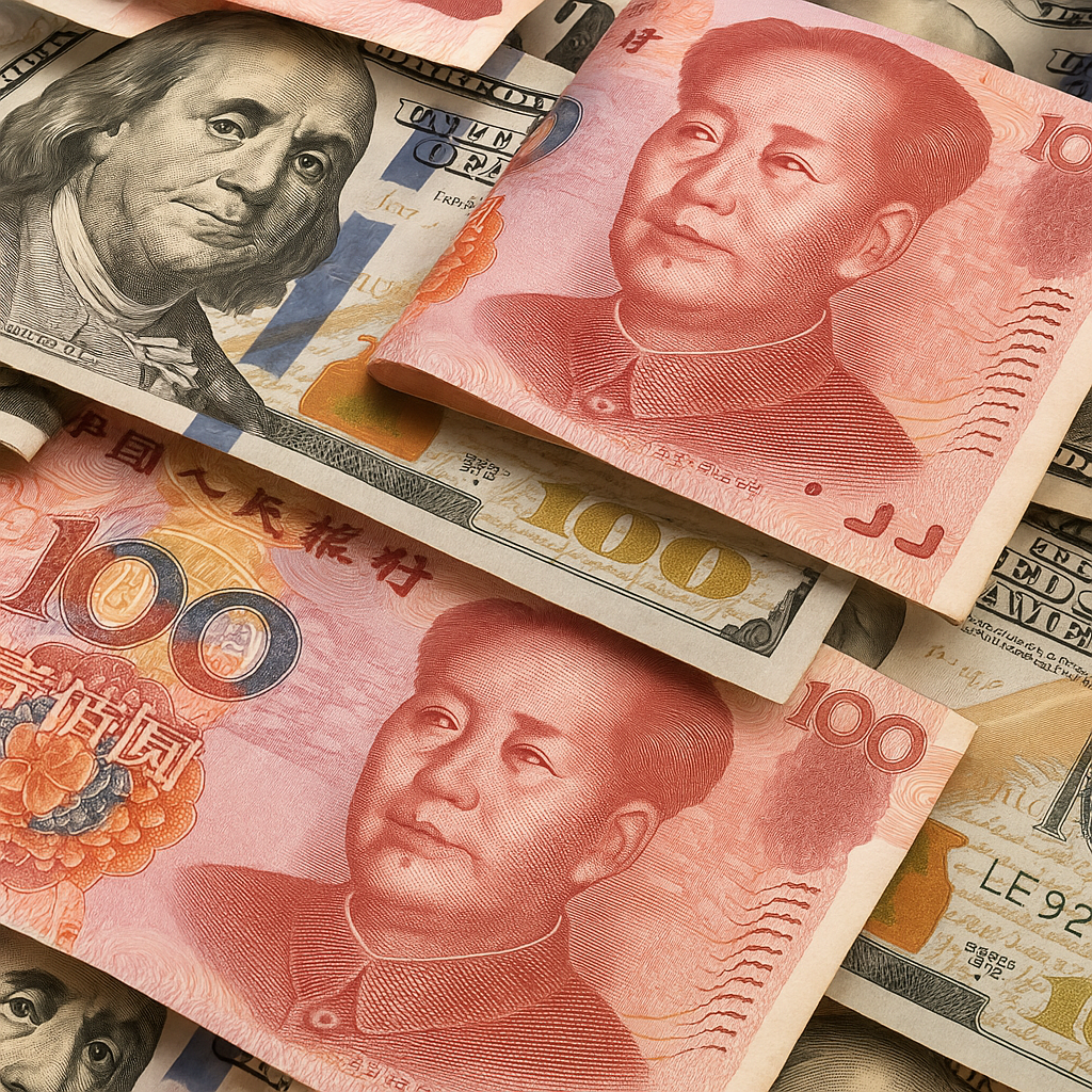 A symbolic representation of U.S. dollars and Chinese yuan interwoven or stacked together