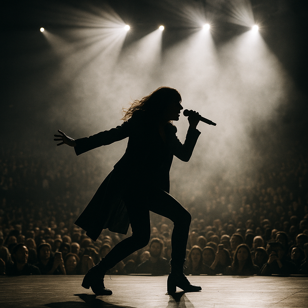 Kanye West performing on stage with dramatic lighting