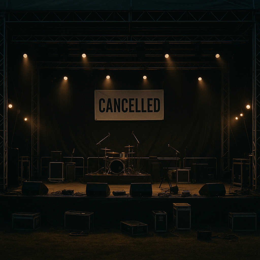 Empty music festival grounds with a cancelled sign on the stage