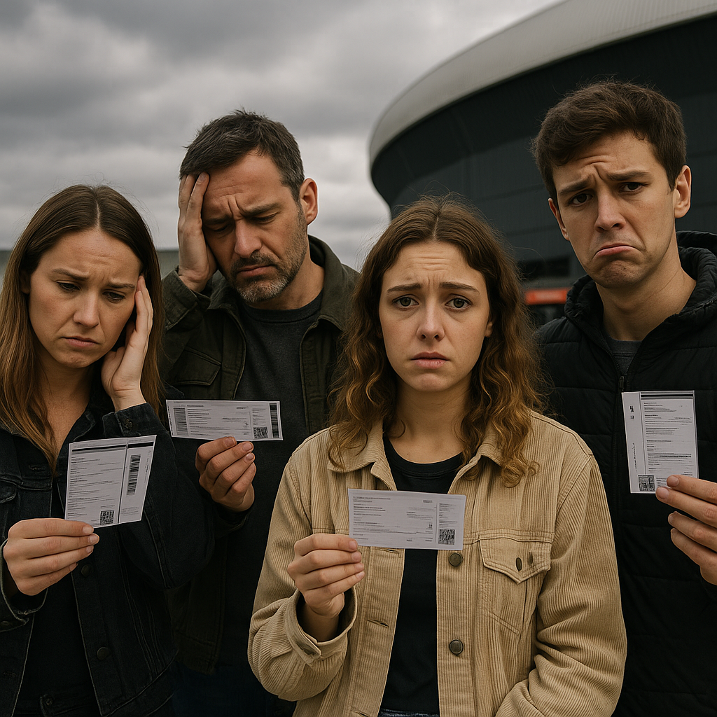 Fans holding tickets and looking disappointed outside a concert venue