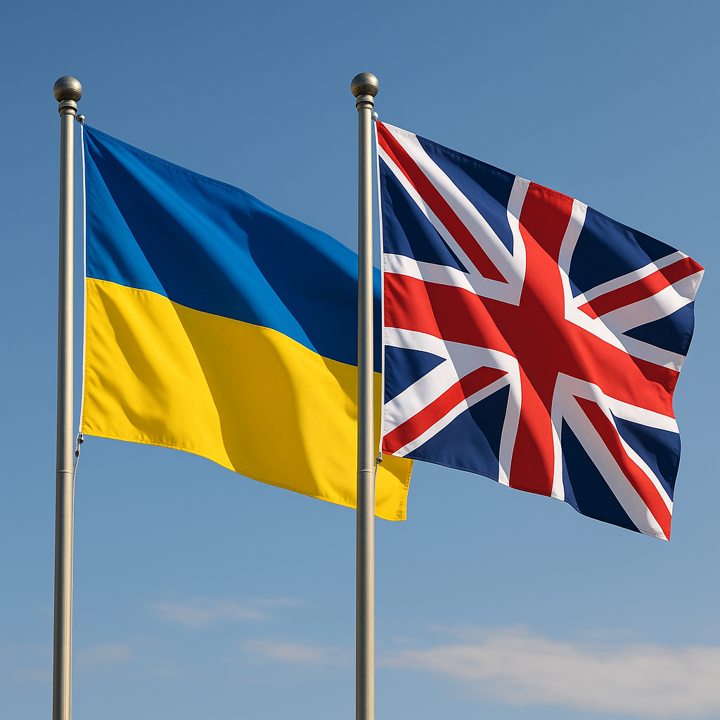 Flags of the United Kingdom and Ukraine waving side-by-side