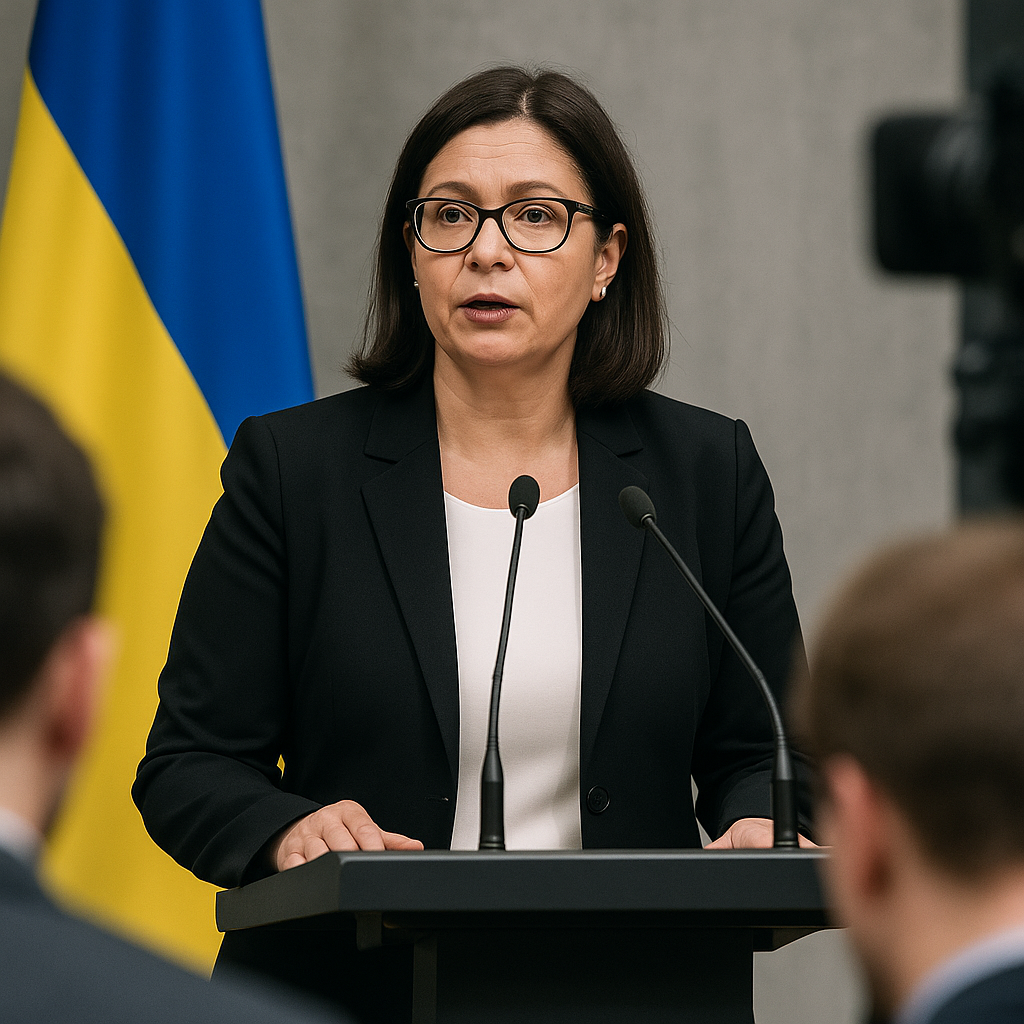 Finance minister speaking at a conference against a backdrop of the Ukraine flag