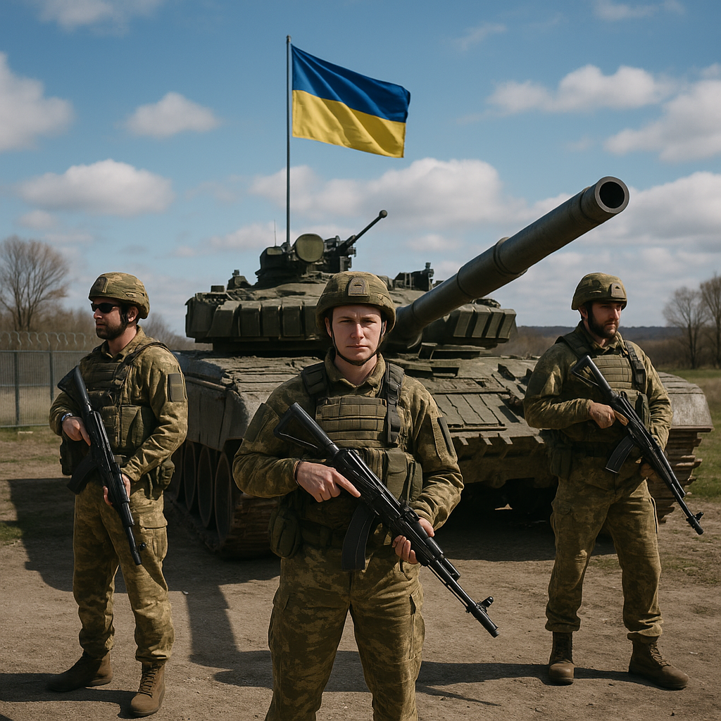 Ukrainian soldiers safeguarding equipment in a military base