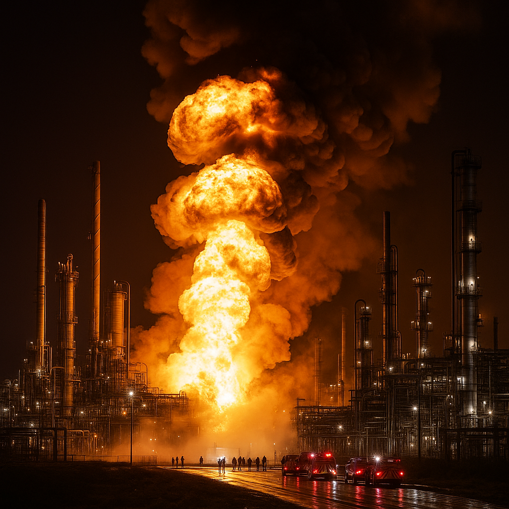 Nighttime explosion at an oil refinery with large flames