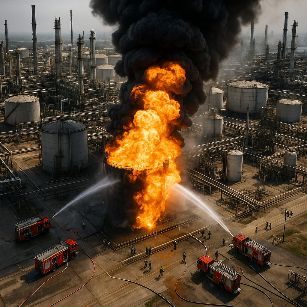 Aerial view of an oil refinery engulfed in flames with emergency personnel responding